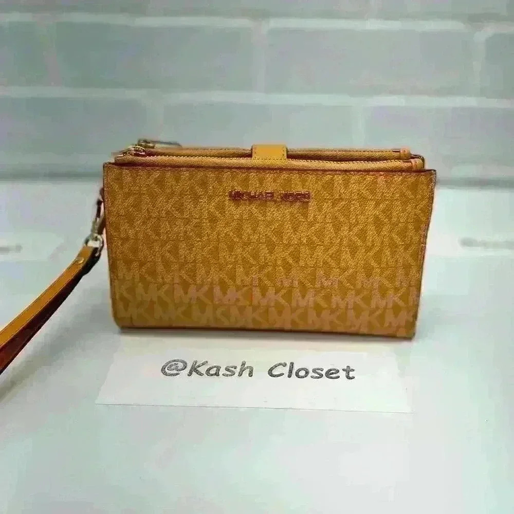 Michael Kors Double Zip Wristlet Large Wallet MK Signature honey comb yellow